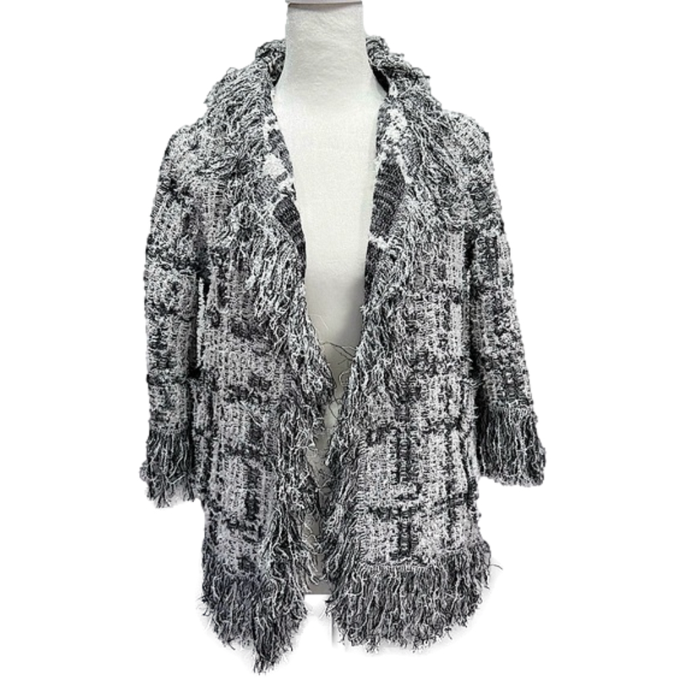 Bruno Manetti Italian Made Cardigan Black & White Fringe Open Front Boho Small